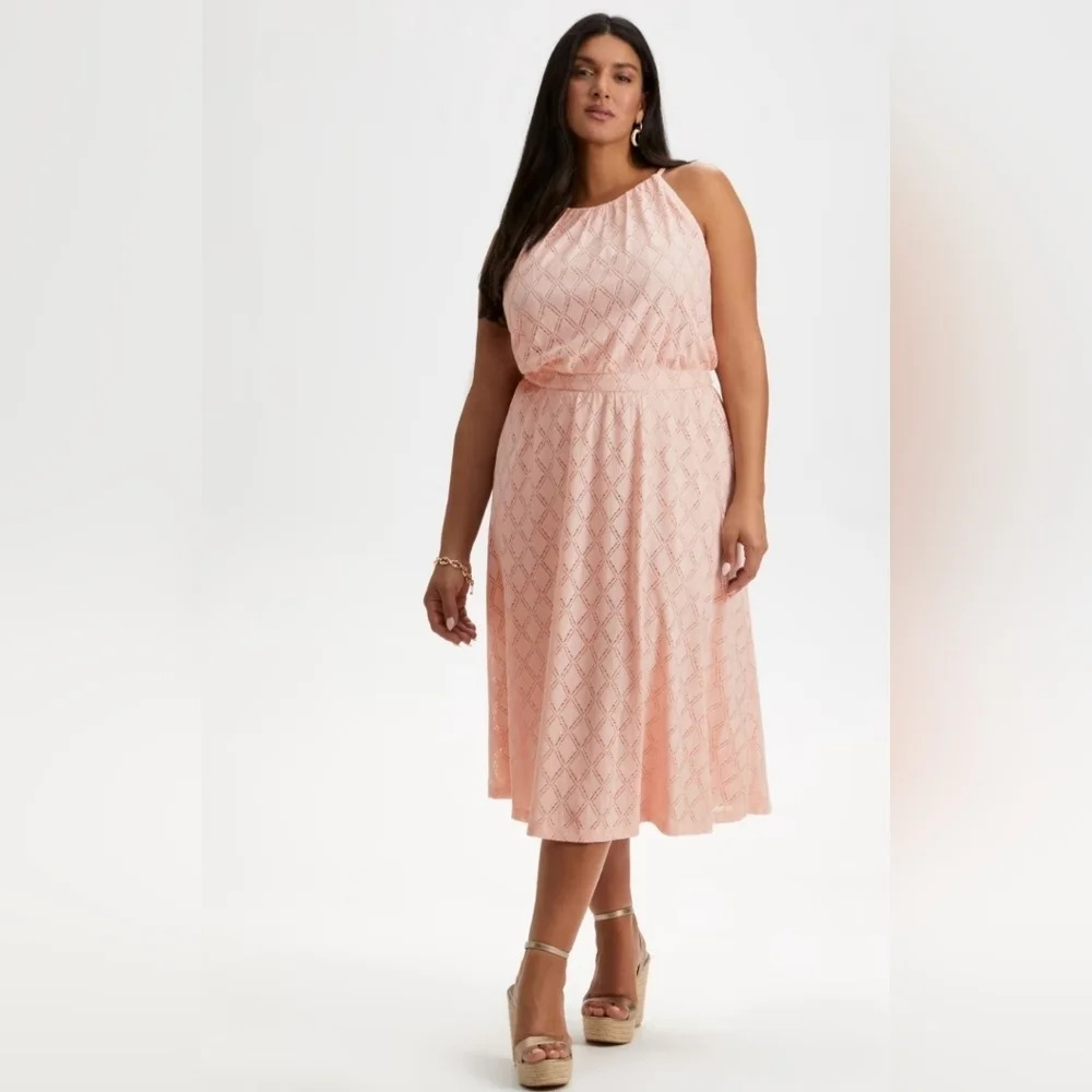 London Times Diamond Lace Below Knee Halter  Dress